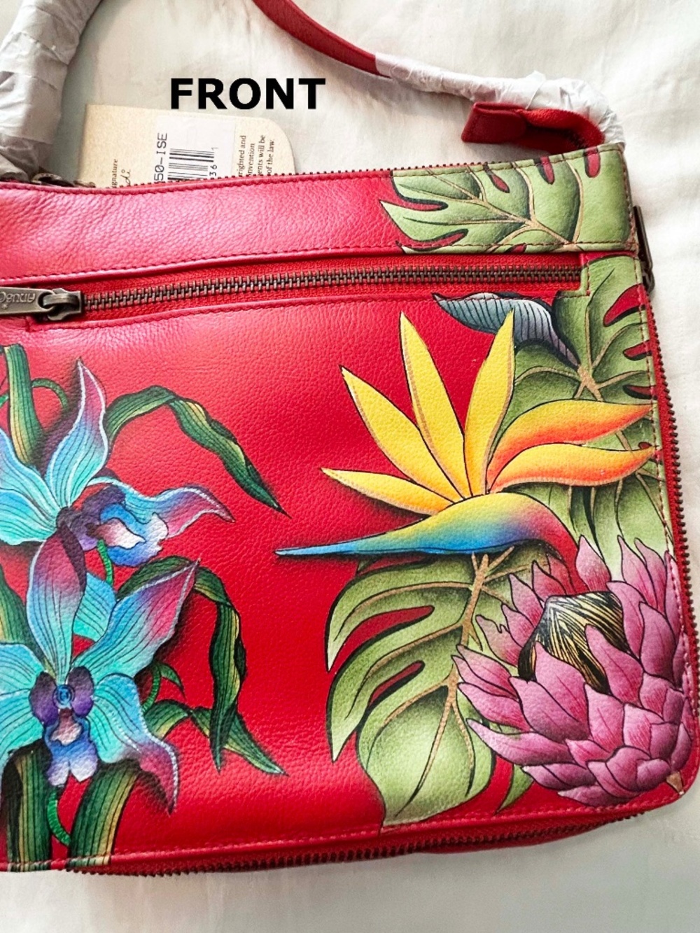 SHOULDER BAG, ANUSCHKA LEATHER, RED WITH MULTICOLOUR FLORAL HANDPAINTED ONE-OF-A